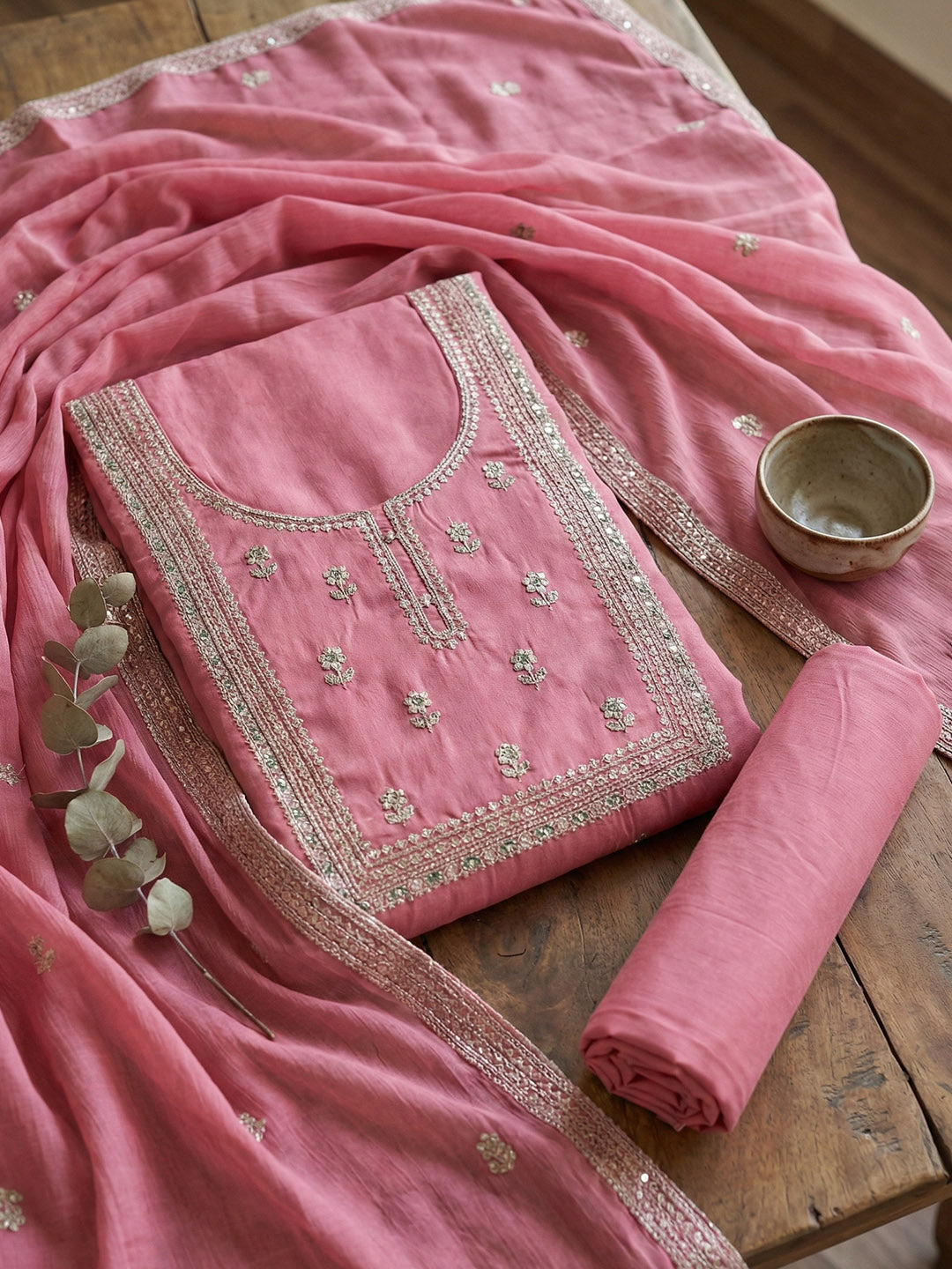Embroidered Cotton Blend Unstitched Suit With Pant &amp; Dupatta