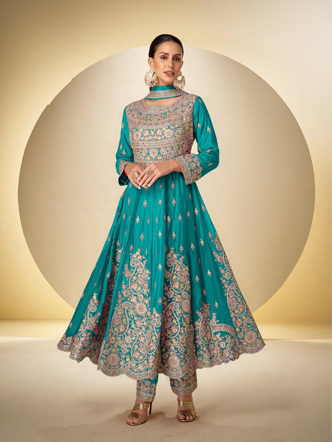 Embroidered Chinnon Kurta With Pant &amp; Dupatta