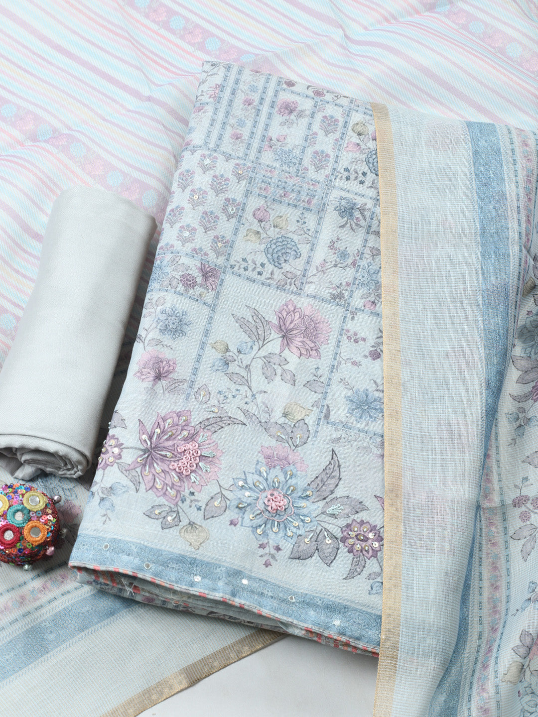 Printed Linen Blend Unstitched Suit With Pant &amp; Dupatta