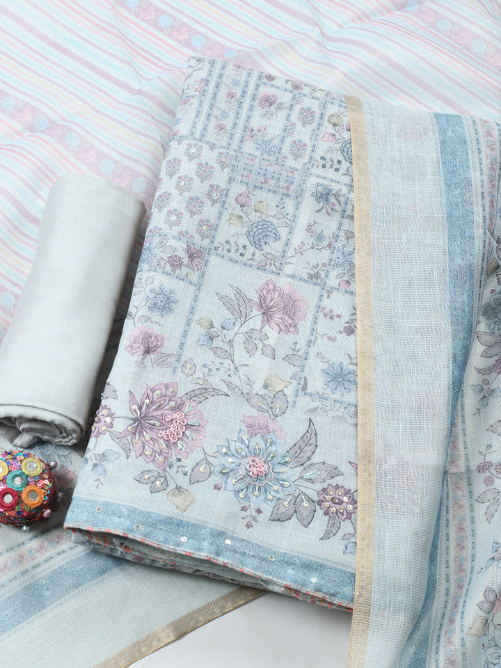 Printed Linen Blend Unstitched Suit With Pant &amp; Dupatta