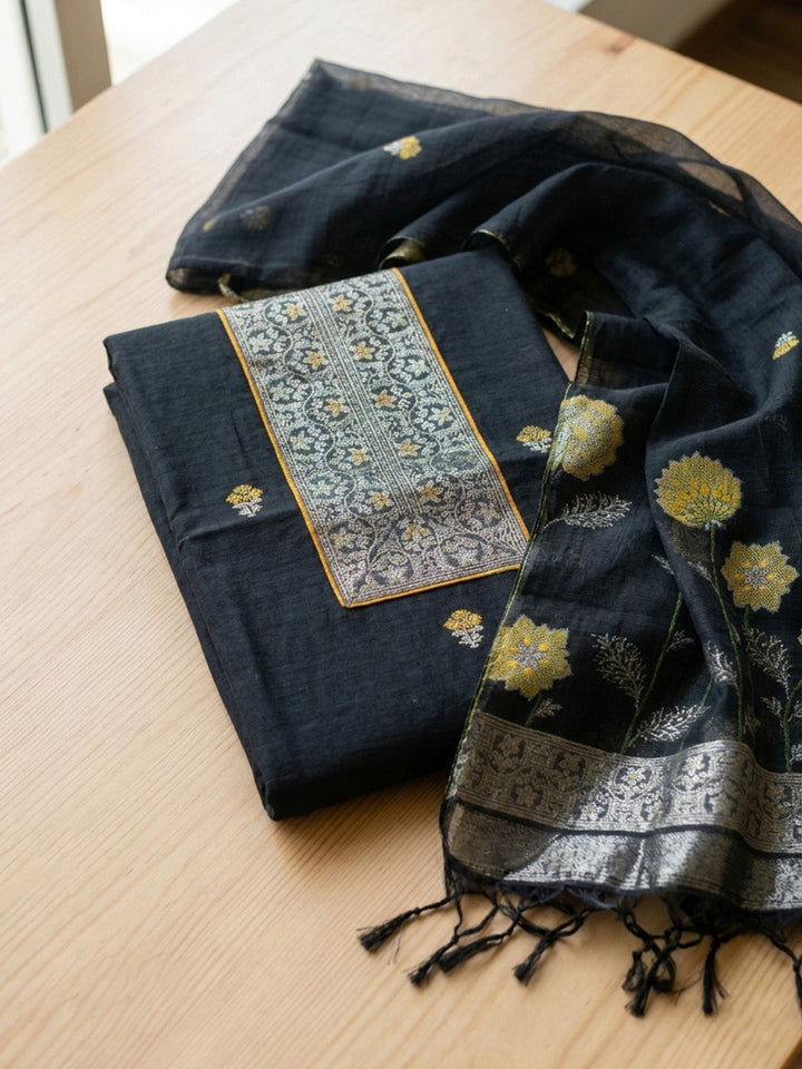 Embroidered Chanderi Unstitched Suit With Pant &amp; Dupatta