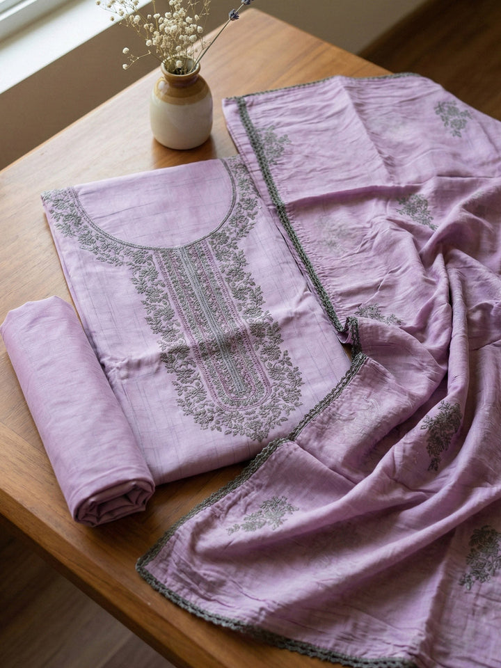 Embroidered Cotton Blend Unstitched Suit With Pant &amp; Dupatta