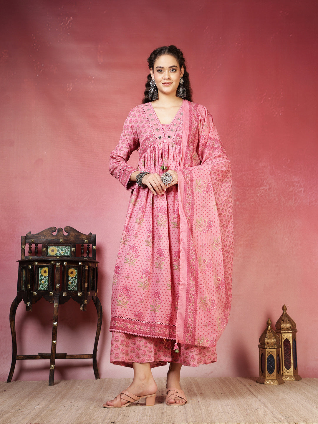Printed Cotton Blend Kurta With Pants & Dupatta