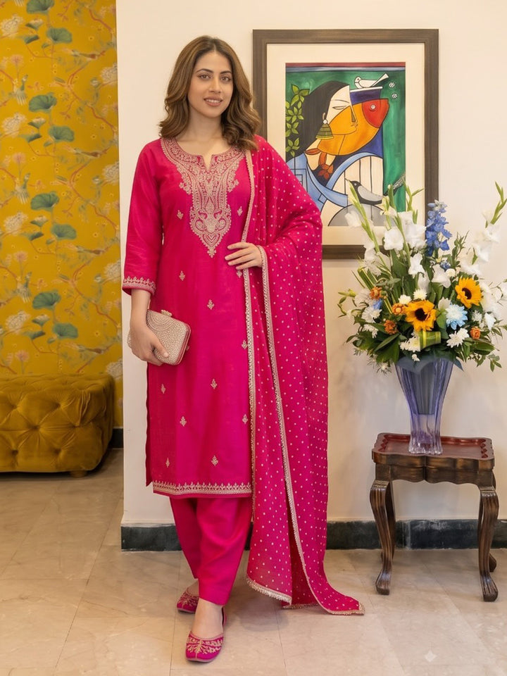Pink Printed Crepe Kurta With Pant &amp; Dupatta