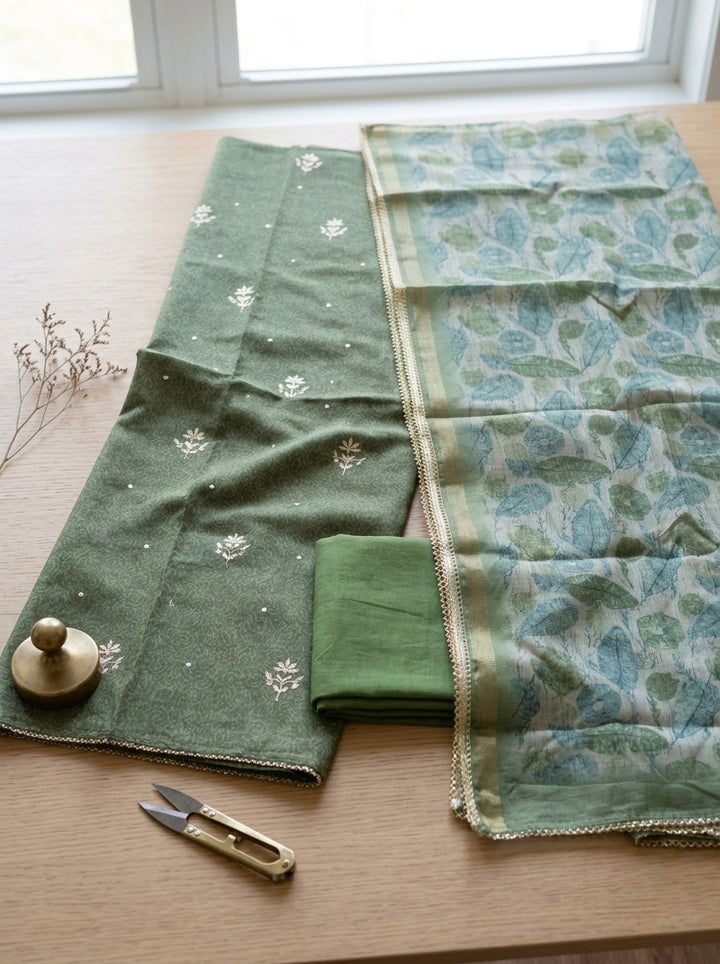 Embroidered Art Silk Unstitched Suit Pant &amp; Dupatta