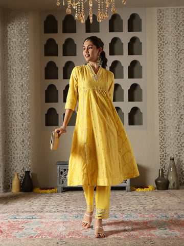 Sequin Embroidery Cotton Blend  Kurta With Pants