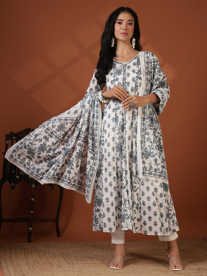 Printed Cotton Blend Kurta With Pant &amp; Dupatta