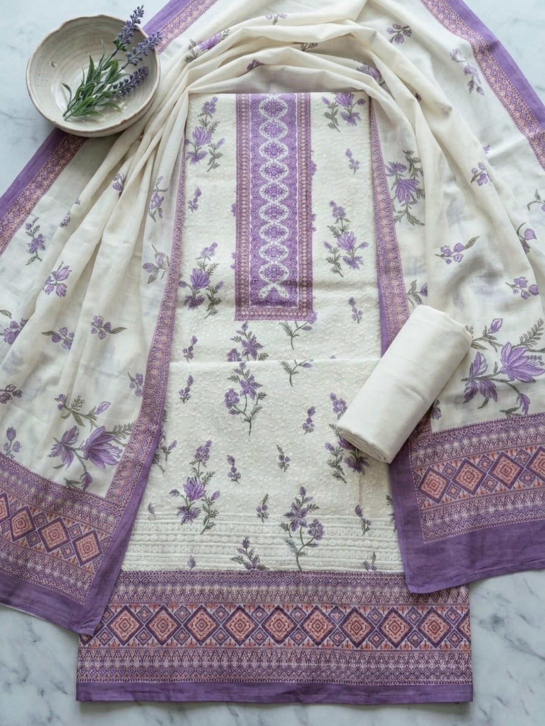Printed Cotton Blend Unstitched Suit With Pant &amp; Dupatta