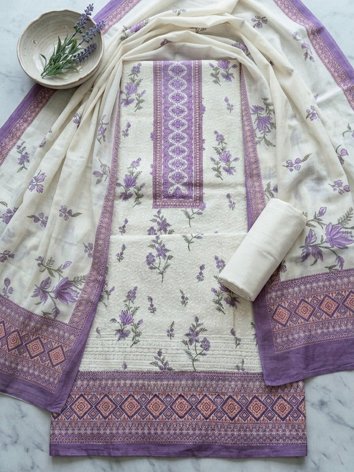 Printed Cotton Blend Unstitched Suit With Pant &amp; Dupatta