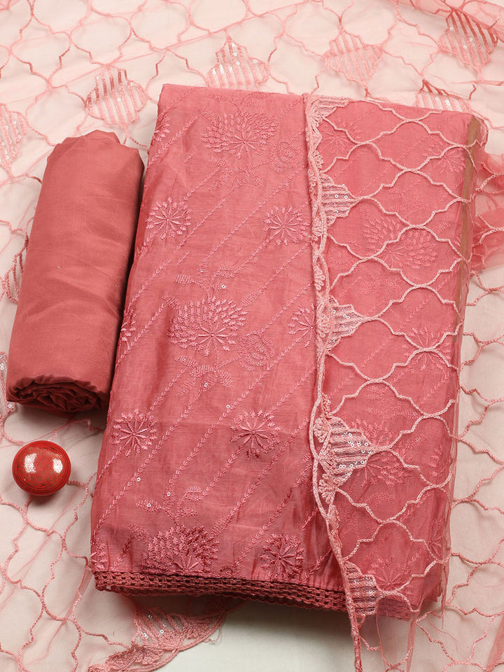 Embroidered Chanderi Unstitched Suit With Pant &amp; Dupatta