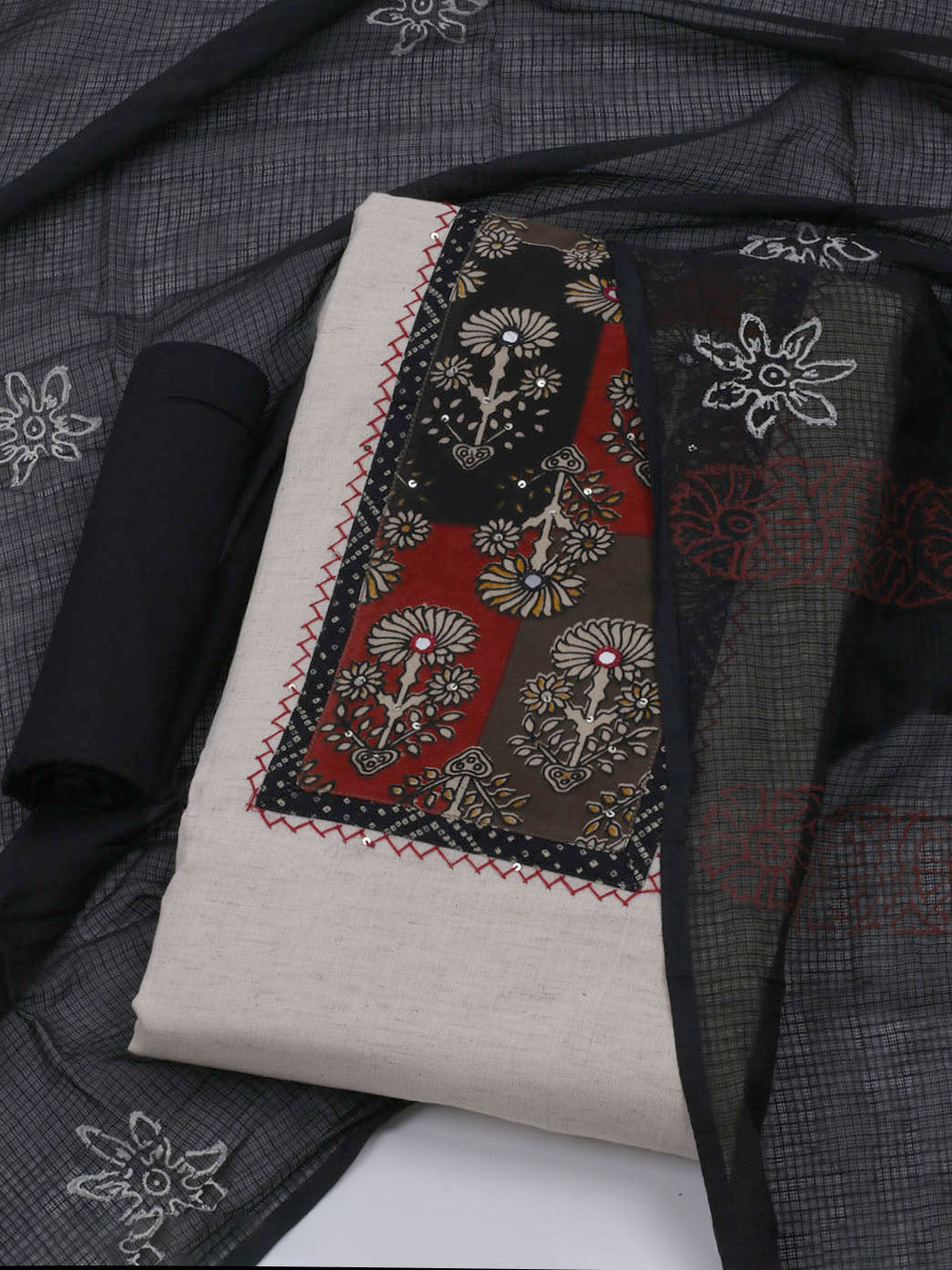 Patch Neck Cotton Blend Unstitched Suit With Dupatta