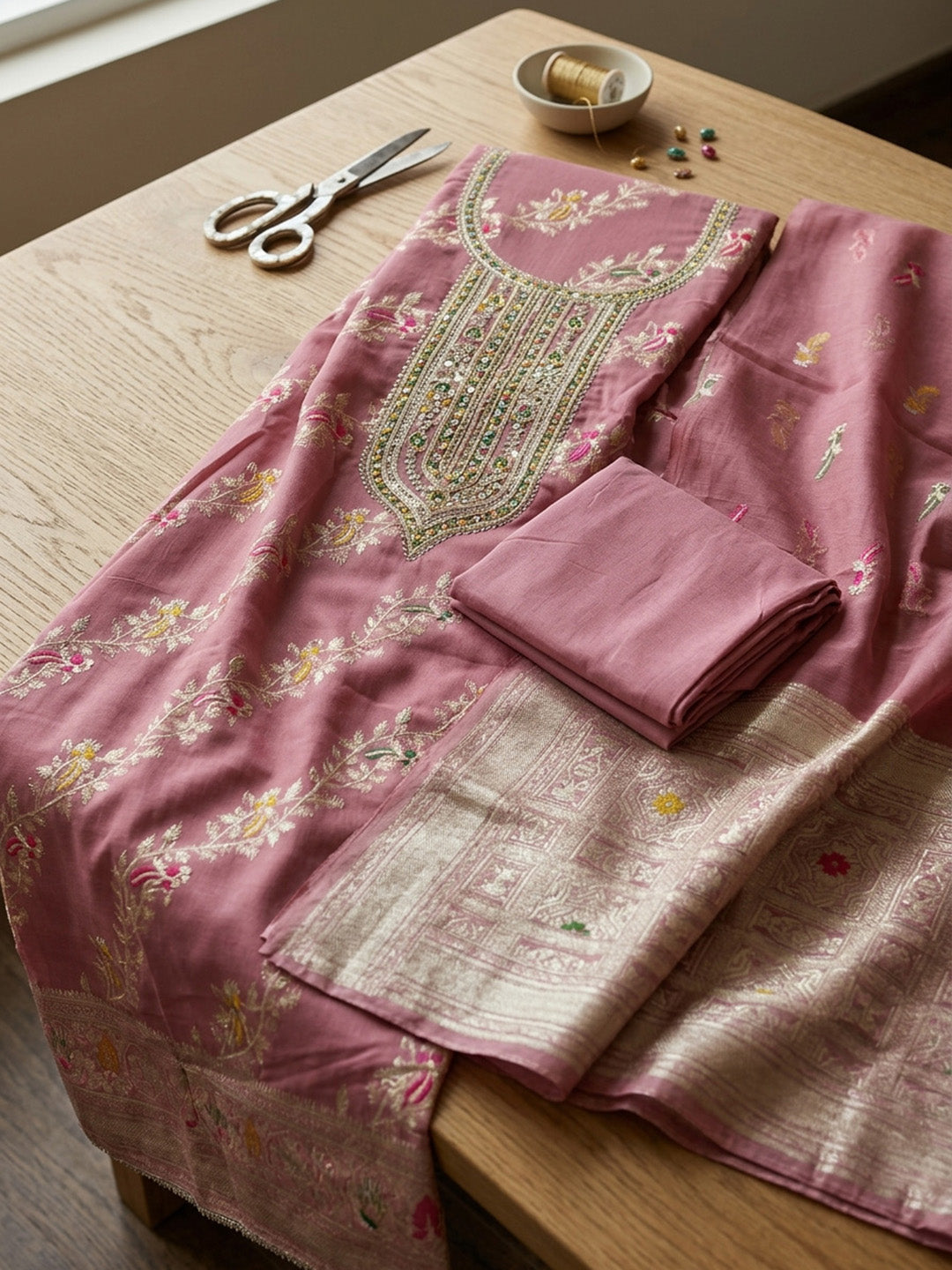 Embroidered Chanderi Unstitched Suit With Pant &amp; Dupatta