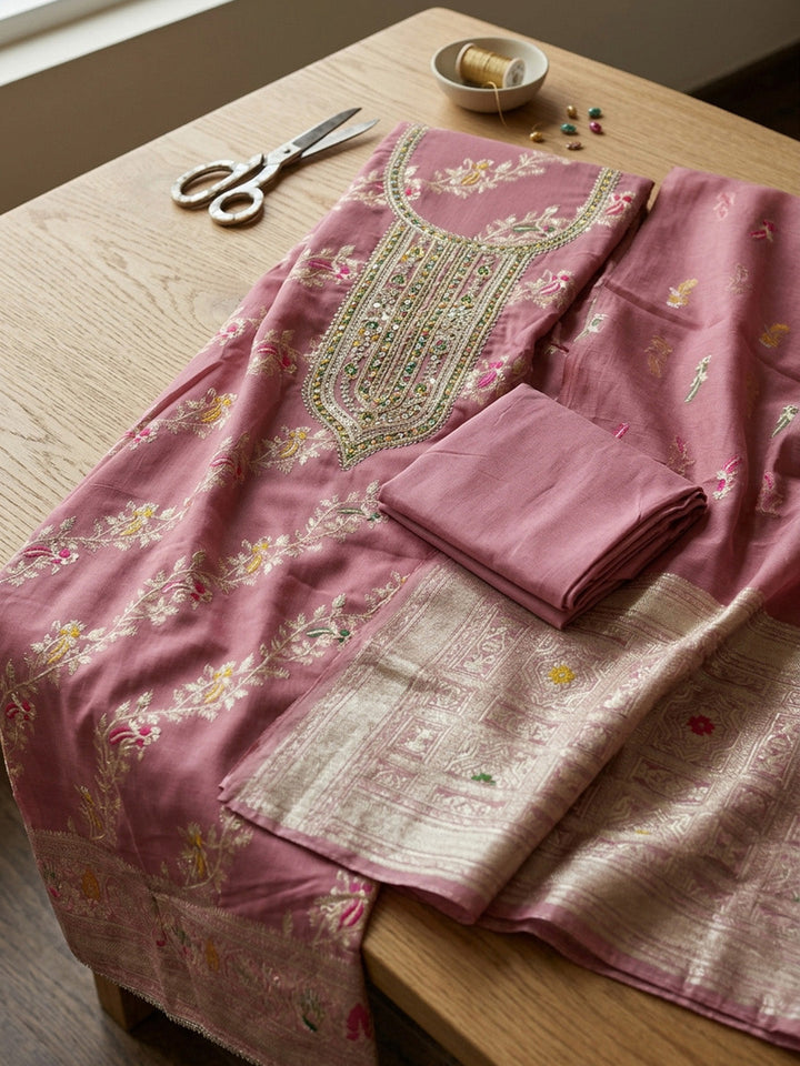 Embroidered Chanderi Unstitched Suit With Pant &amp; Dupatta