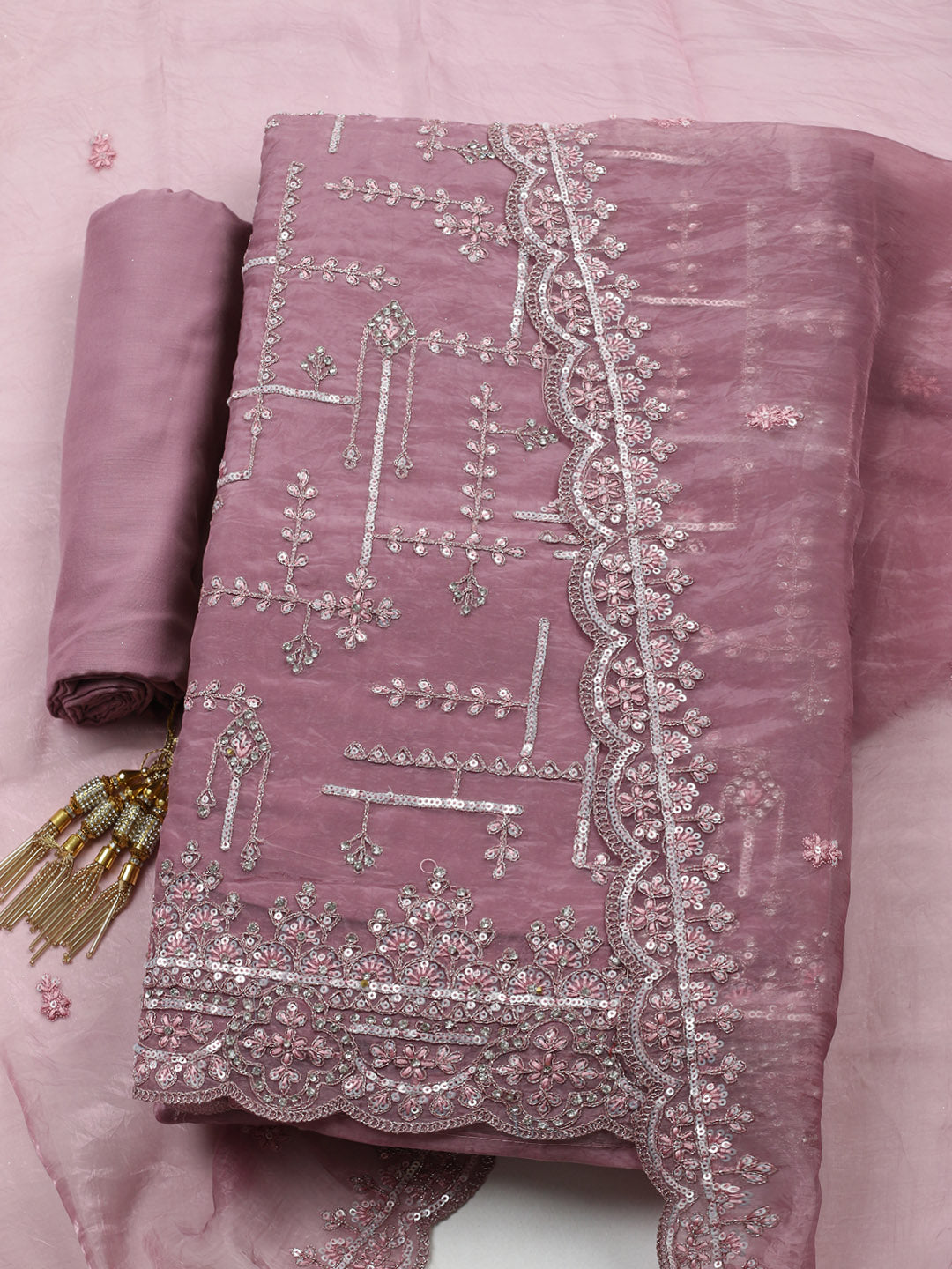 Embroidered Organza Unstitched Suit With Pant &amp; Dupatta