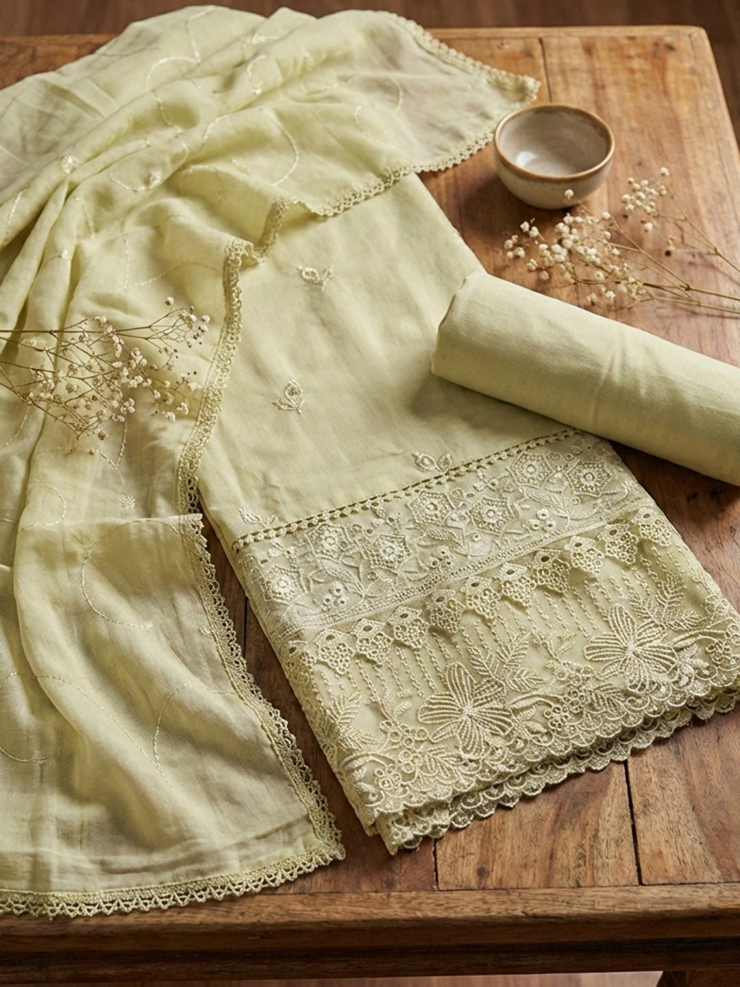 Printed Cotton Blend Unstitched Suit With Pant &amp; Dupatta