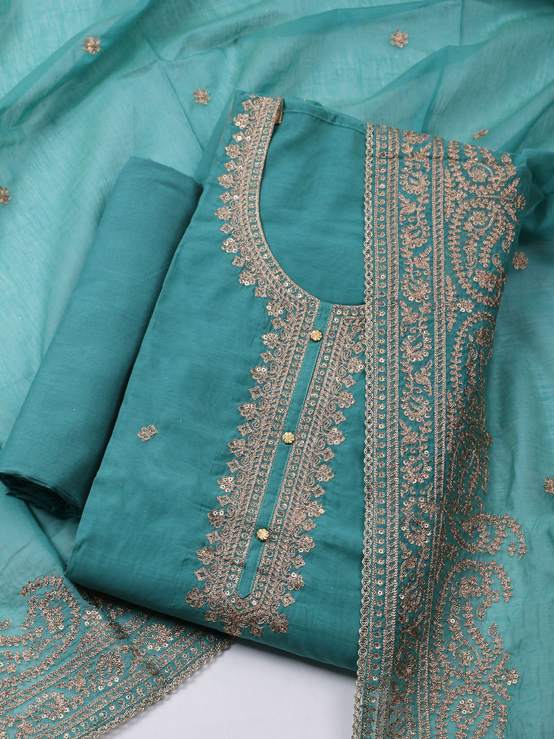 Neck Embroidered Chanderi Unstitched Suit With Dupatta