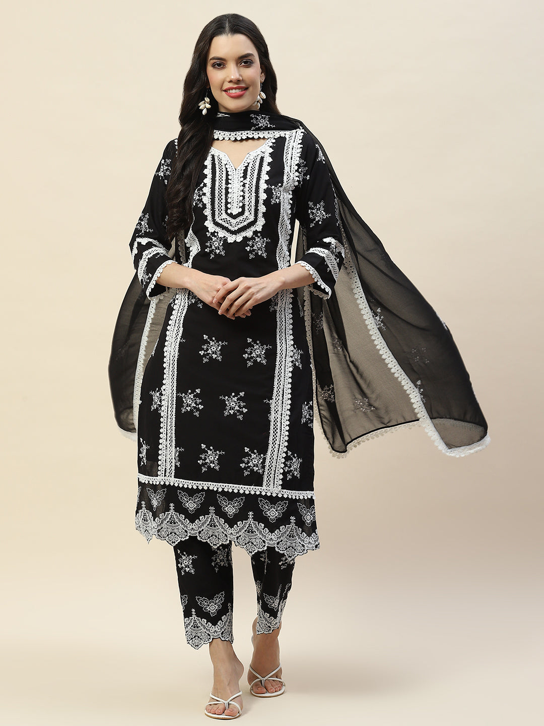 Embroidered Cotton Suit Set With Dupatta