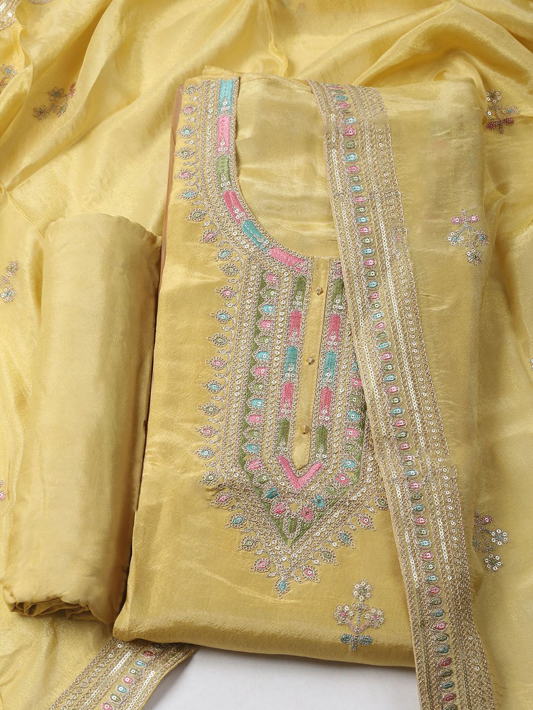Embroidered Organza Unstitched Kurta With Pant &amp; Dupatta