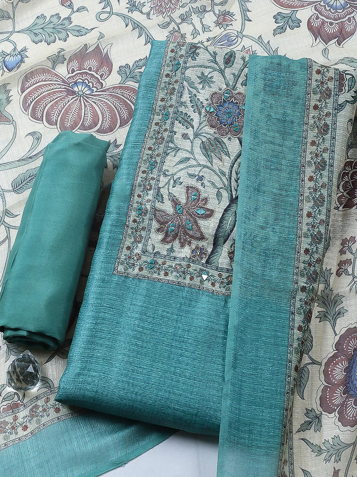 Embroidered Chanderi Unstitched Suit With Pant &amp; Dupatta