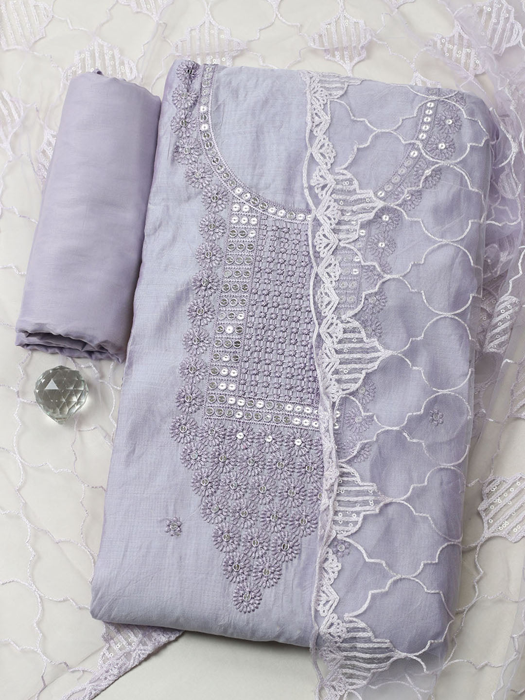 Embroidered Chanderi Unstitched Suit With Pant &amp; Dupatta