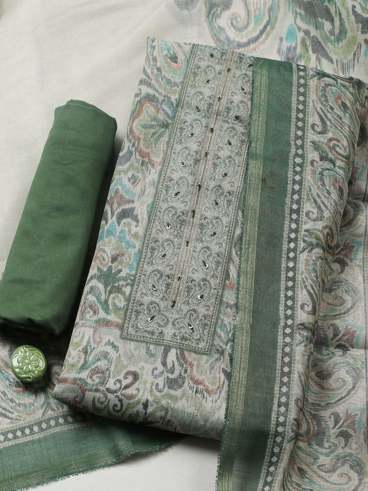 Embroidered Linen Blend Unstitched Suit With Pant &amp; Dupatta