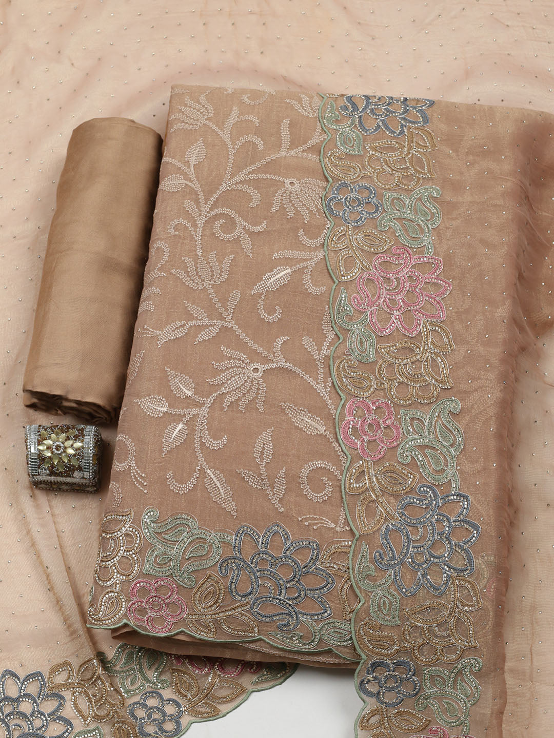 Embroidered Tissue Unstitched Suit With Pant &amp; Dupatta