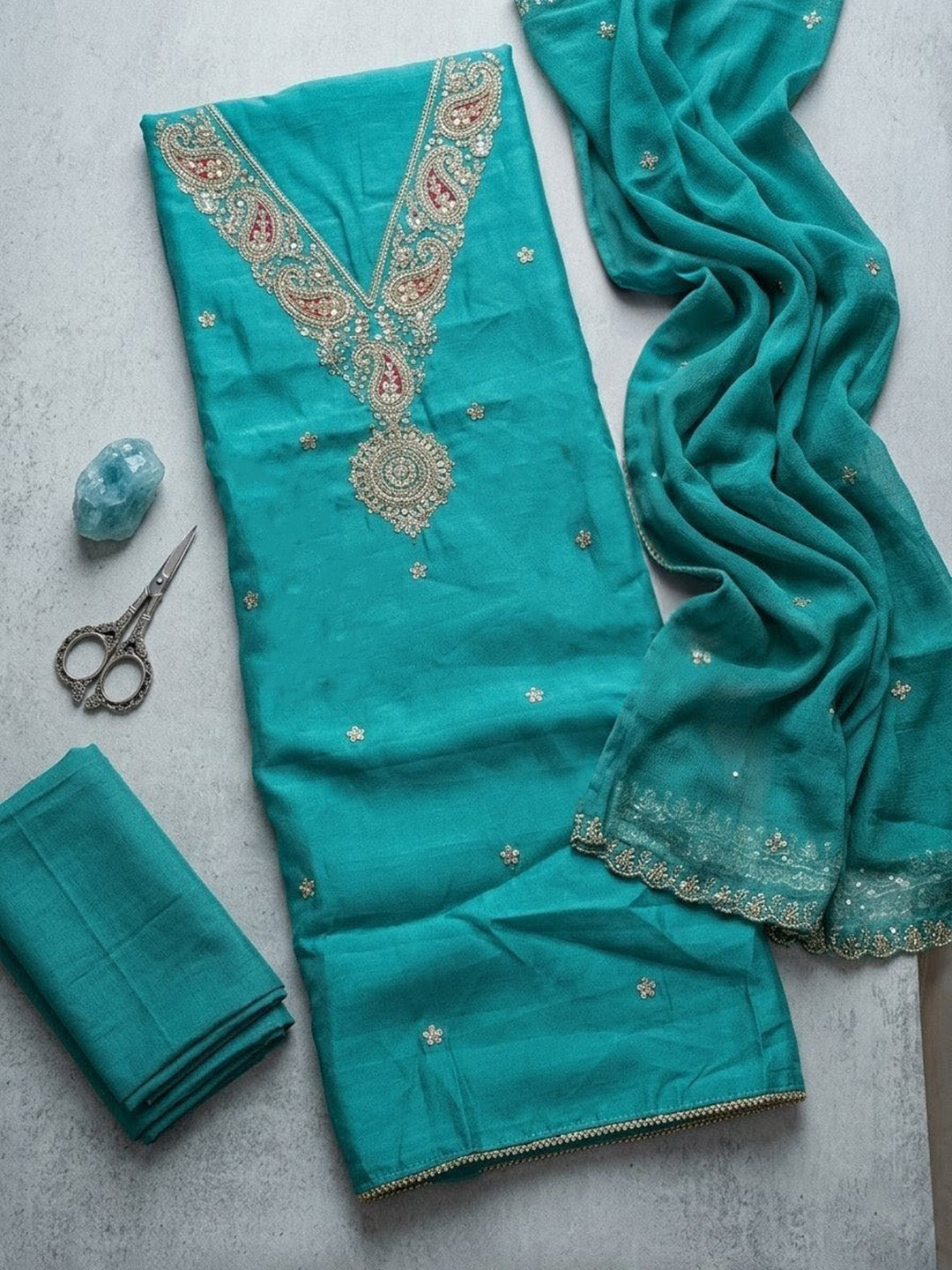 Embroidered Cotton Blend Unstitched Suit With Pant &amp; Dupatta