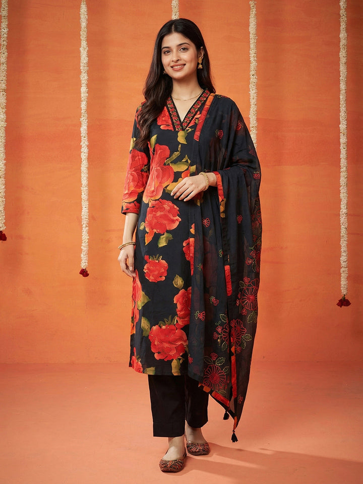 Printed Cotton Blend Kurta With Pant &amp; Dupatta