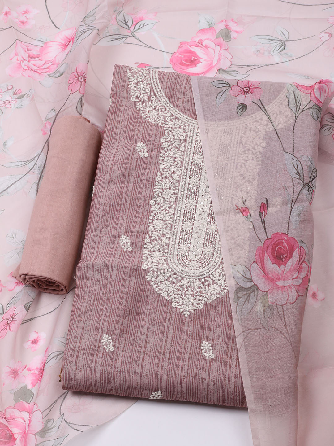 Embroidered Chanderi Unstitched Kurta With Pant & Dupatta