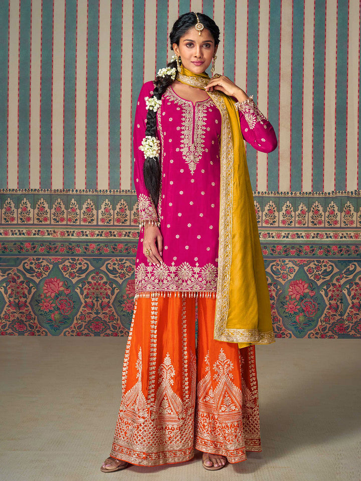 Embroidered Chinon Silk Kurta With Plazzo &amp; Dupatta