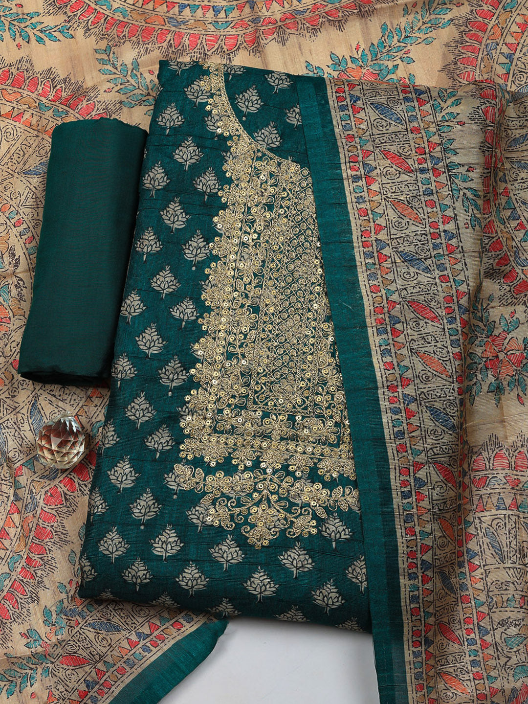 Embroidered Cotton Blend Unstitched Suit With Pant &amp; Dupatta