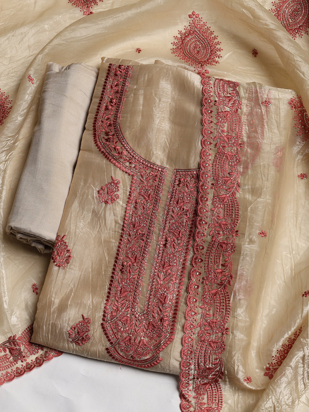 Neck Embroidered Organza Unstitched Suit With Dupatta