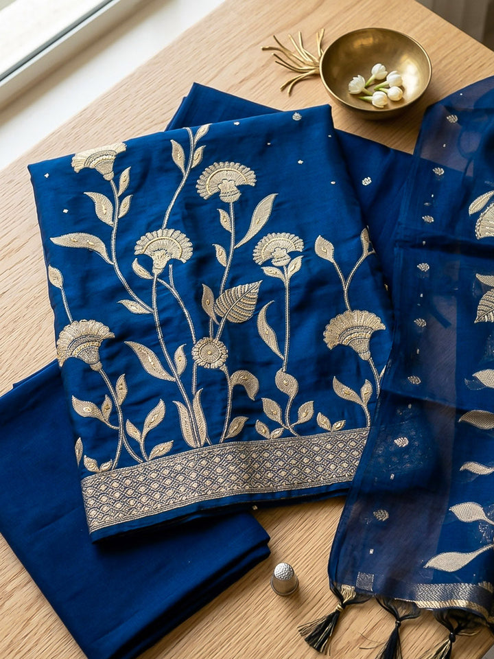 Embroidered Chanderi Unstitched Suit With Pant &amp; Dupatta