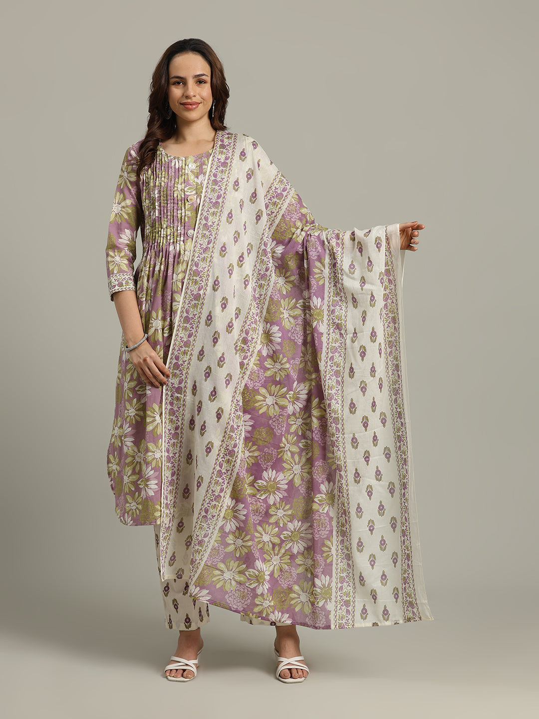 Floral Printed Cotton Blend Anarkali Kurta With Pants &amp; Dupatta