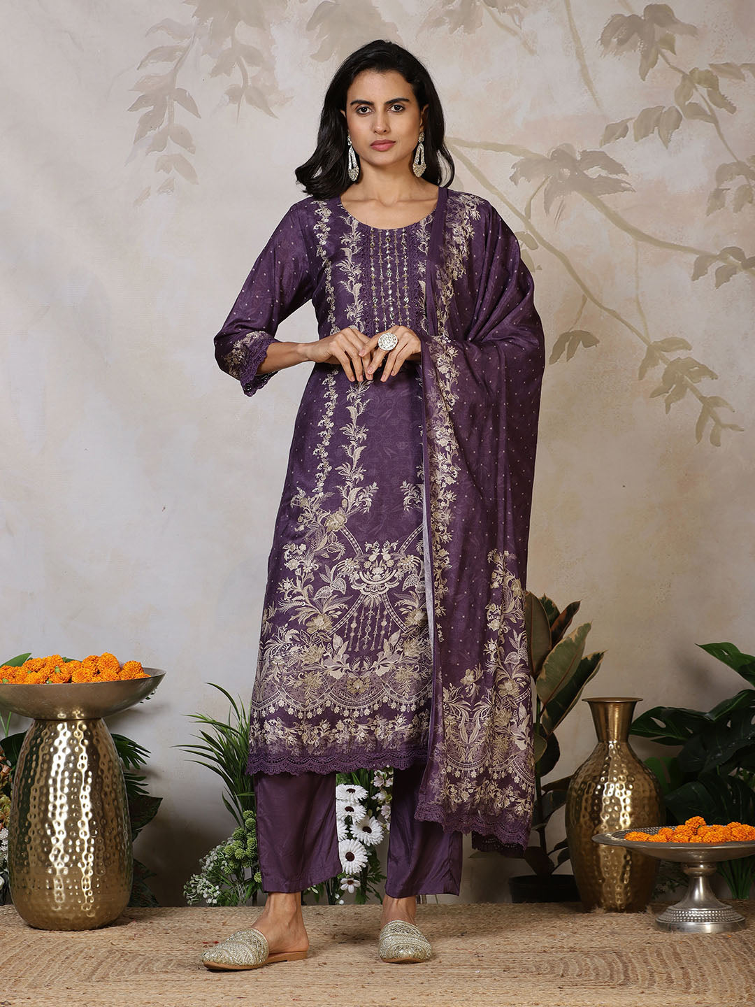 Embroidered Muslin Kurta With Pants &amp; Dupatta