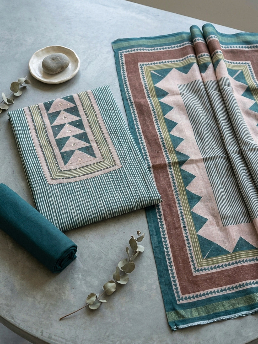 Printed Linen Blend Unstitched Suit With Pant &amp; Dupatta