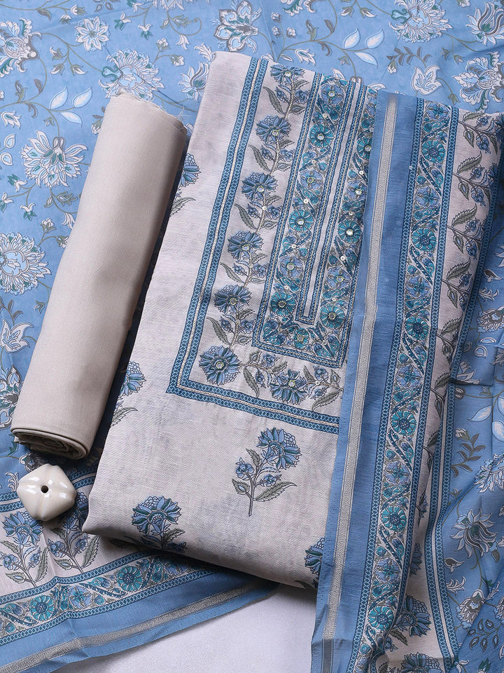 Printed Chanderi Unstitched Suit With Pant &amp; Dupatta