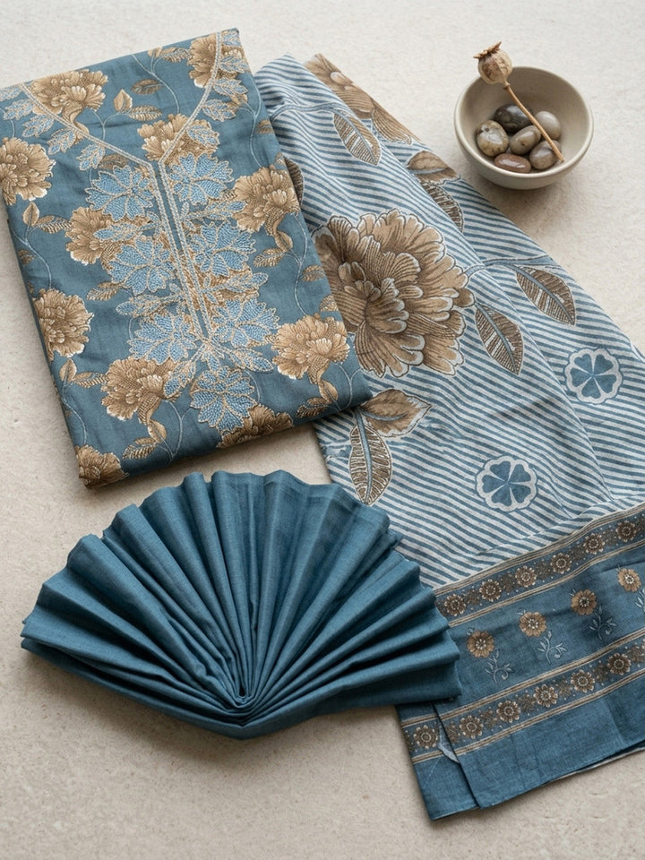 Embroidered Cotton Blend Unstitched Suit With Pant &amp; Dupatta