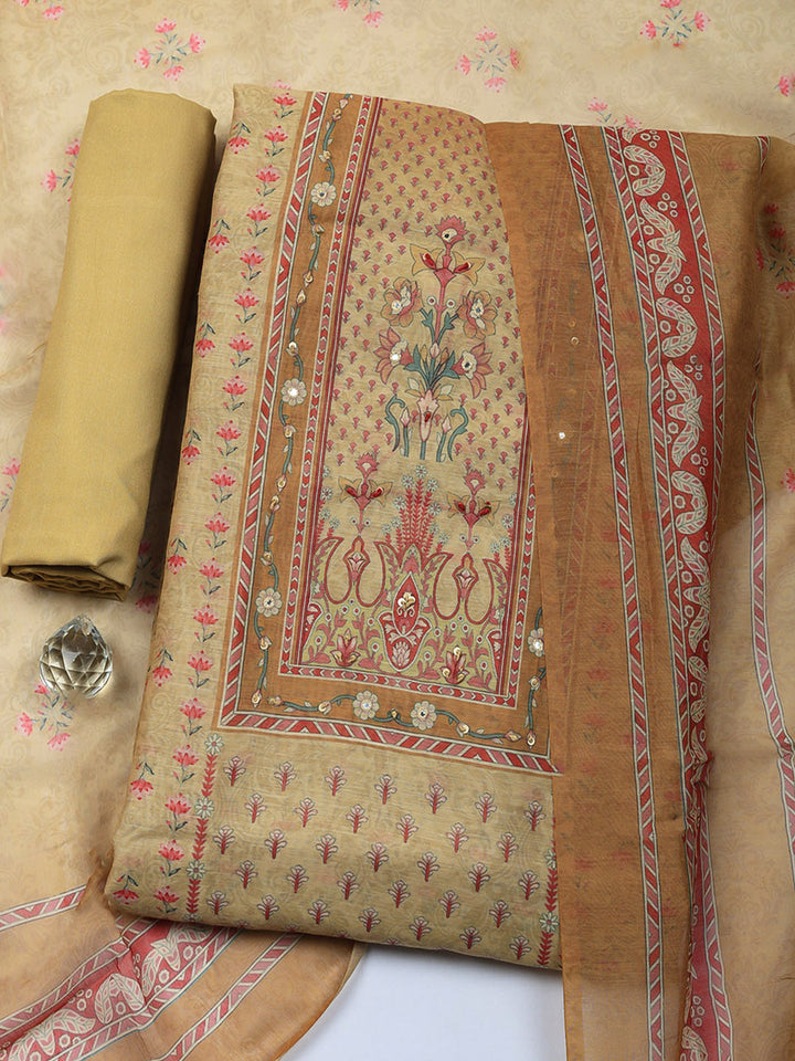 Embellished Chanderi Unstitched Suit With Pant &amp; Dupatta