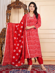 Neck Embroidery Cotton Blend Kurta With Pants & Dupatta