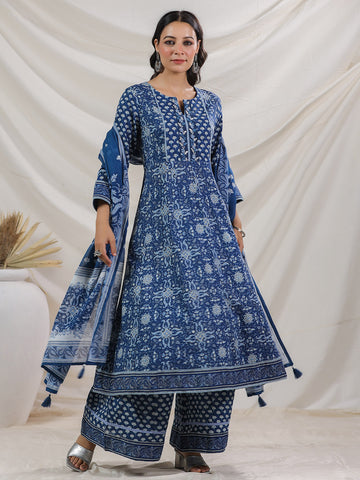 Floral Printed Cotton Blend Kurta With Palazzo & Dupatta