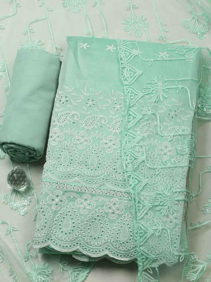 Embroidered Chanderi Unstitched Suit With Pant &amp; Dupatta