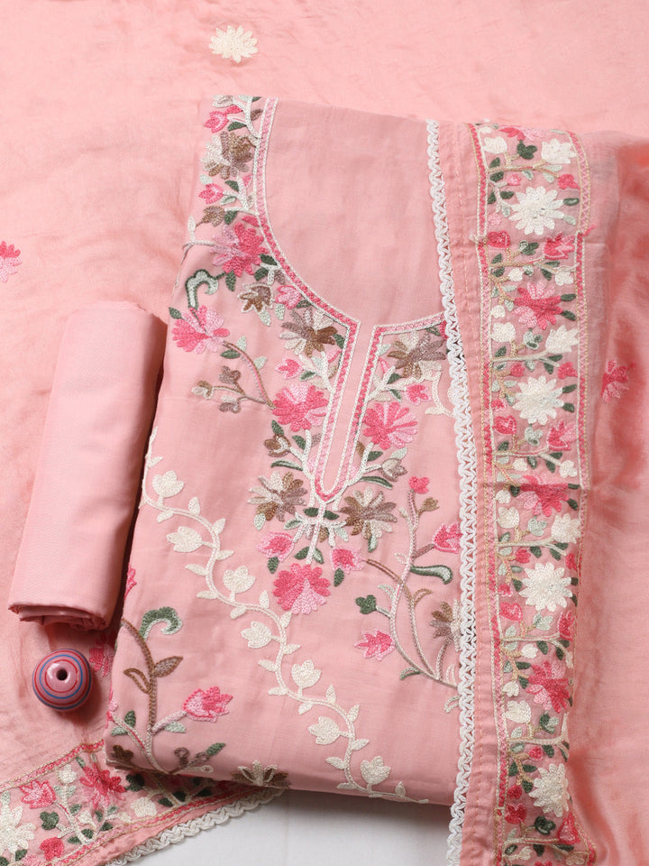 Embroidered Chanderi Unstitched Suit With Pant &amp; Dupatta