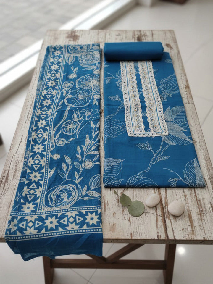 Printed Cotton Blend Unstitched Suit With Pant &amp; Dupatta