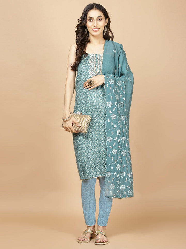 Neck Embroidered Cotton Blend Unstitched Suit Piece With Dupatta