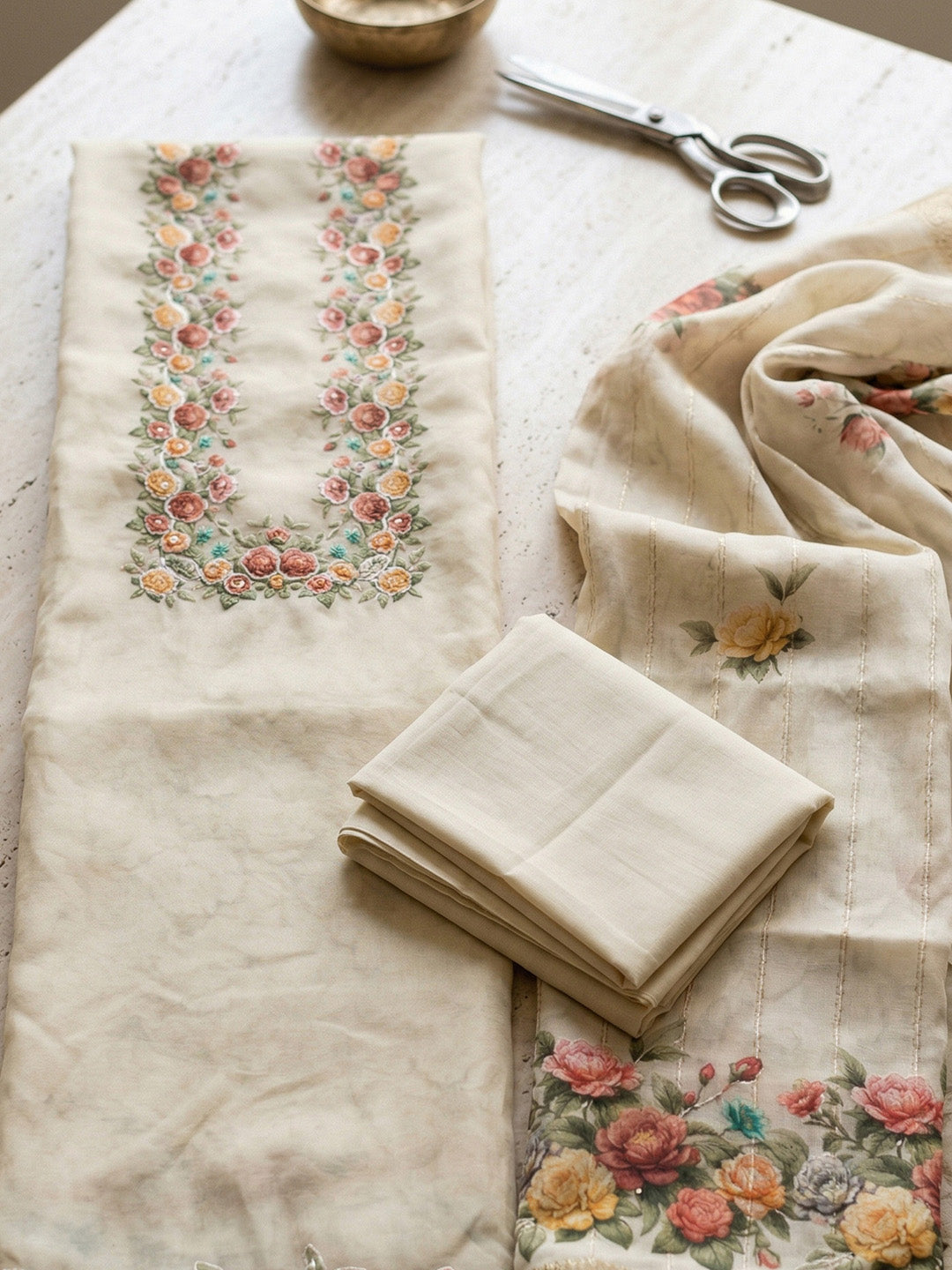 Embroidered Chanderi Unstitched Suit With Pant &amp; Dupatta