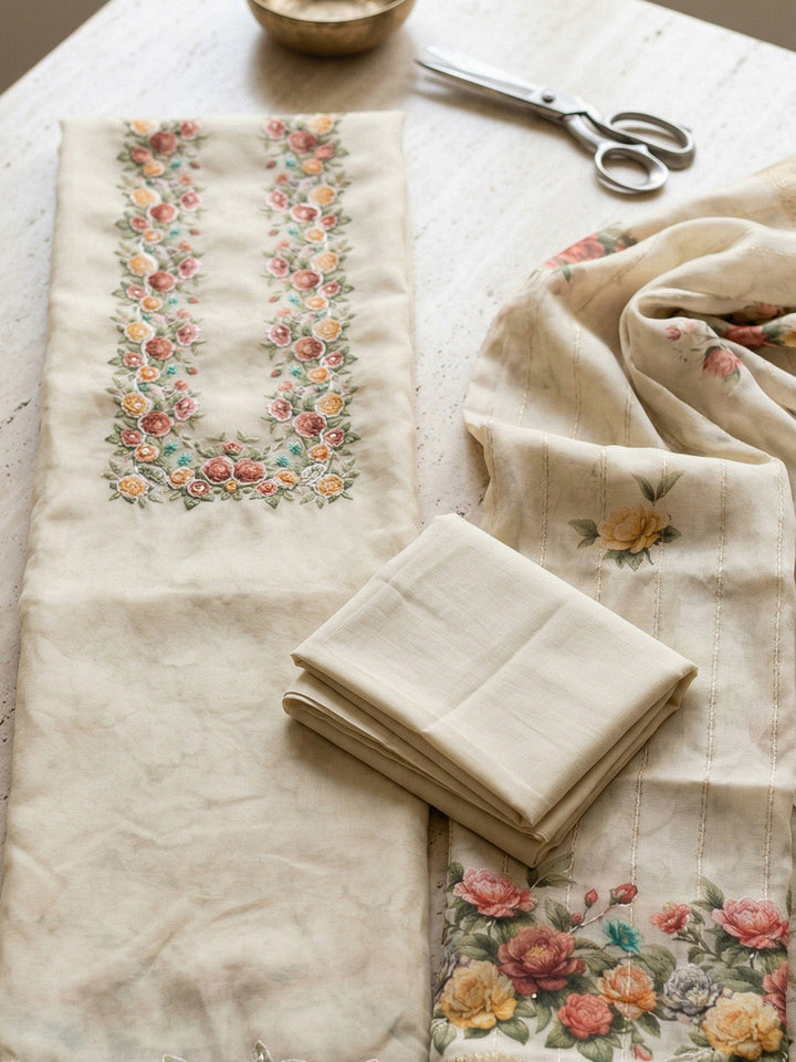 Embroidered Chanderi Unstitched Suit With Pant &amp; Dupatta