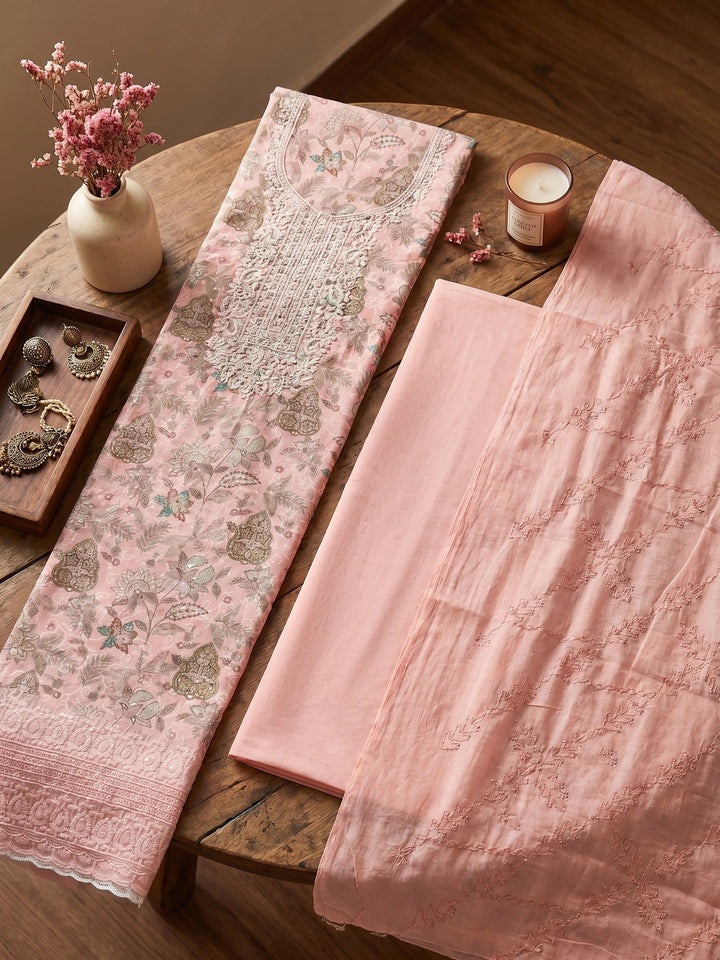 Neck Embroidered Cotton Blend Unstitched Suit With Dupatta