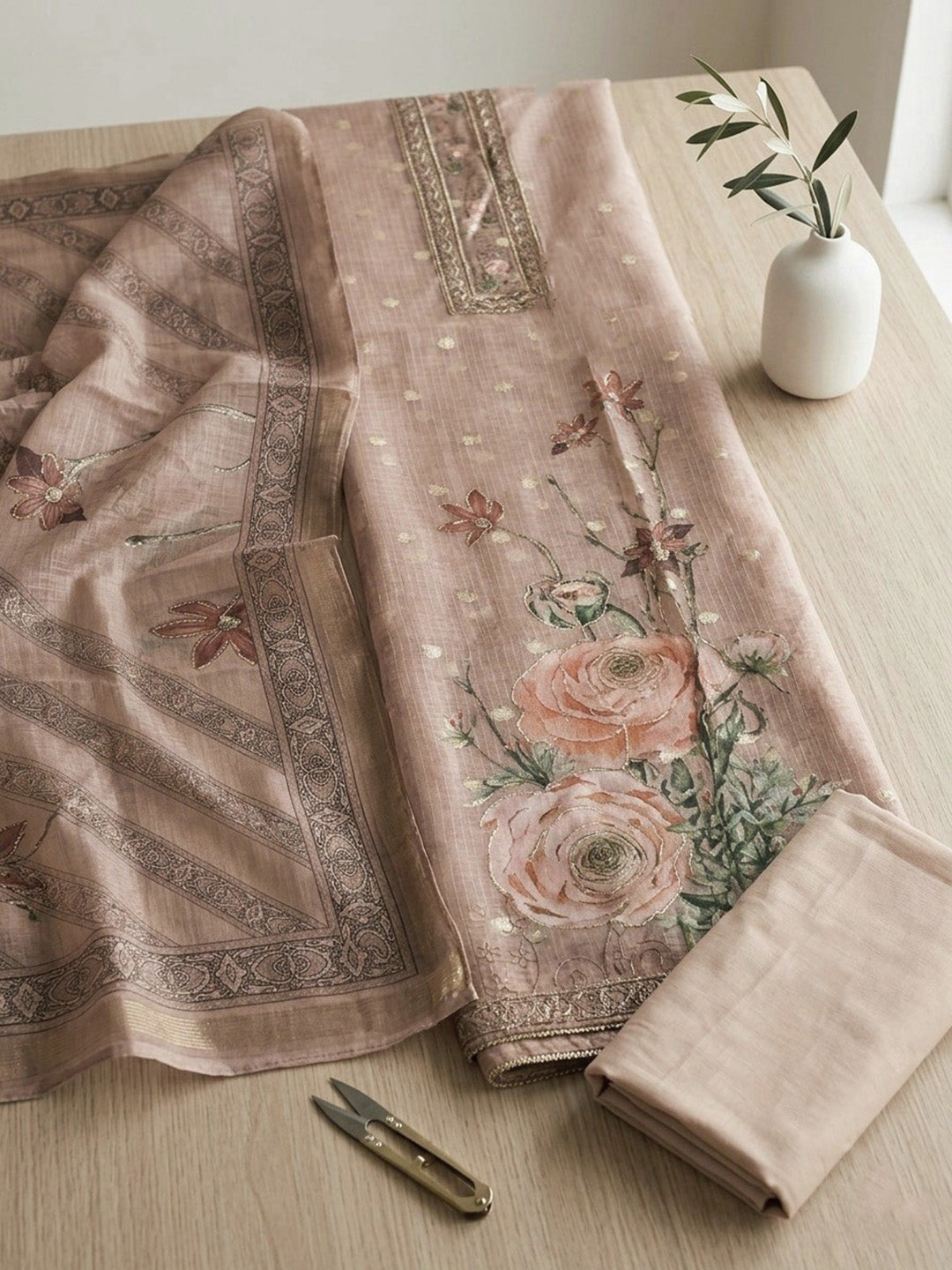 Embroidered Cotton Blend Unstitched Suit With Pant &amp; Dupatta