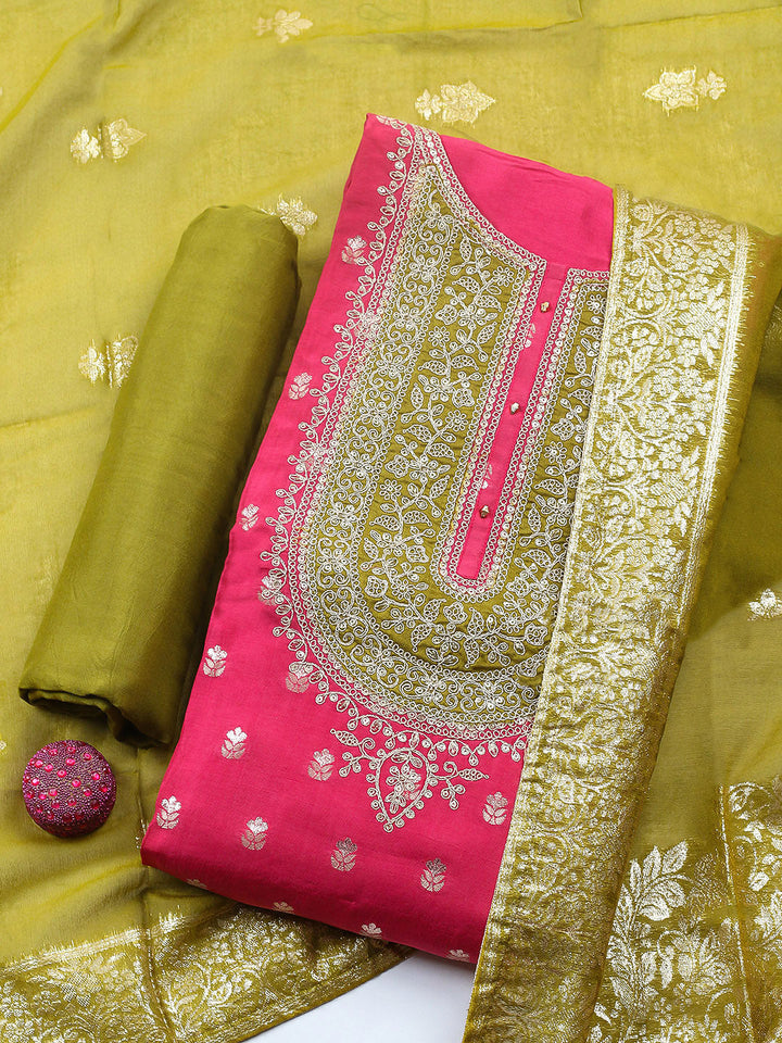 Embroidered Chanderi Unstitched Suit With Pant &amp; Dupatta